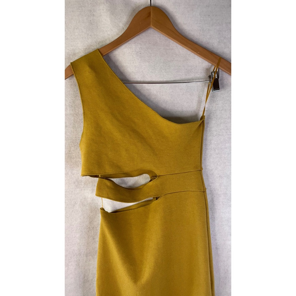 Zara Dress Cut Out Stretch Knit Sz M Mustard Yellow One Shoulder Midi - Picture 2 of 5